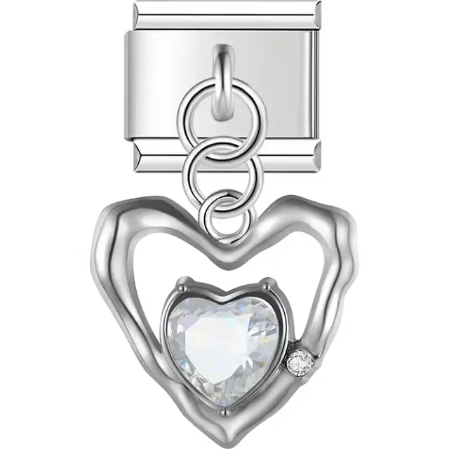 Hollow heart with faceted clear stone centerpiece and dangling piece Italian charm bracelet link