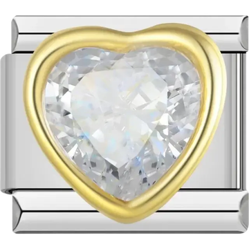 Clear heart-shaped stone with gold border Italian charm bracelet link