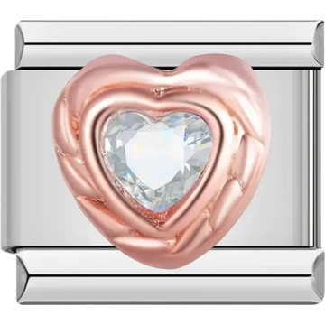 Clear heart-shaped stone with rose gold border Italian charm bracelet link