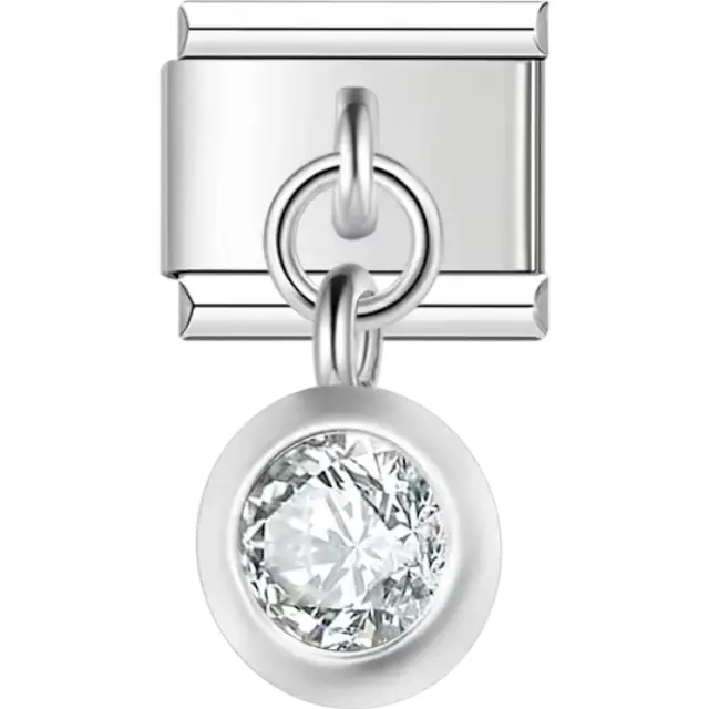 Clear round gemstone dangle in a silver frame Italian charm bracelet link