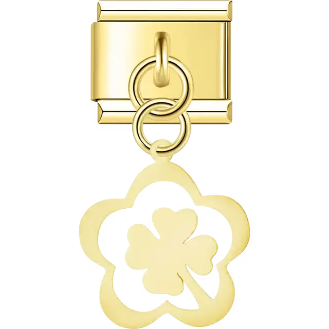 Flower cutout with four leaf clover center dangle Italian charm bracelet link