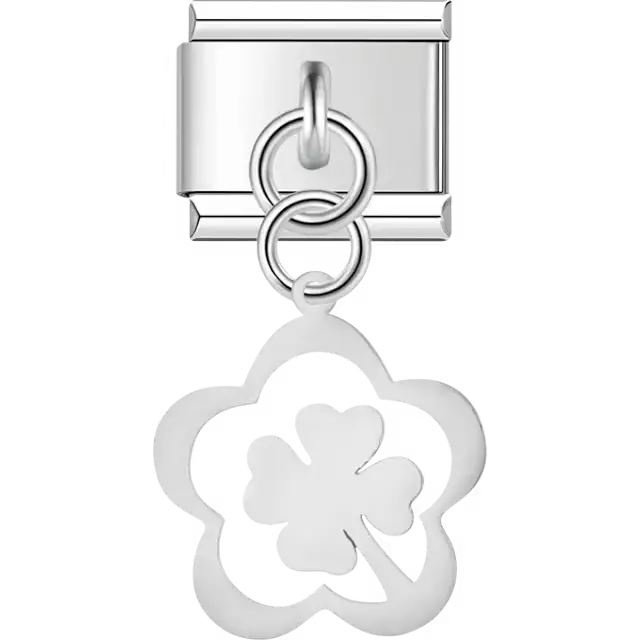 Flower cutout with four leaf clover center dangle Italian charm bracelet link