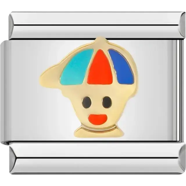 Smiling clown face with a colorful hat on a gold background Italian charm bracelet link
