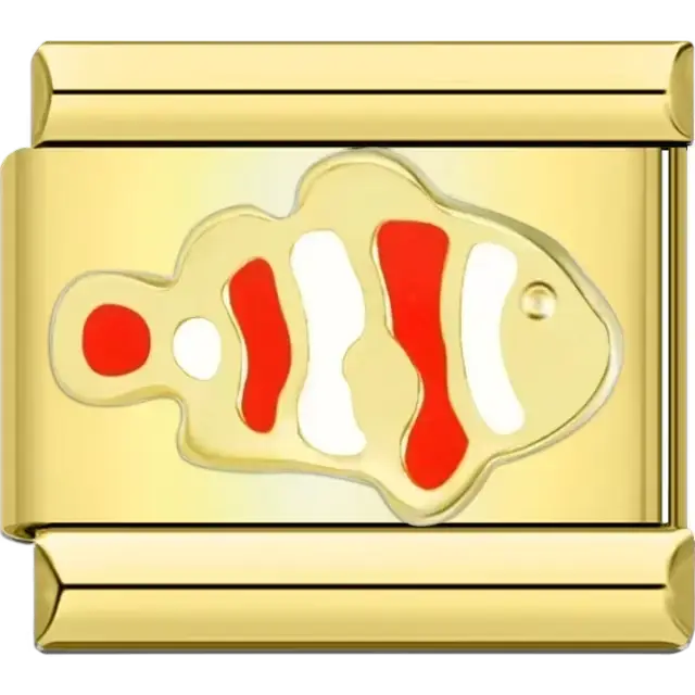 Gold clownfish design with red and white accents on a rectangular. Nemo fish Italian charm bracelet link