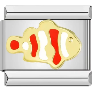 Gold clownfish design with red and white accents on a rectangular. Nemo fish Italian charm bracelet link