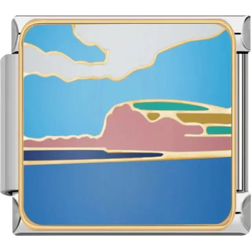 Colorful coastal landscape with a pink cliff, blue ocean, green accents, and a bright blue sky with white clouds Italian charm bracelet link