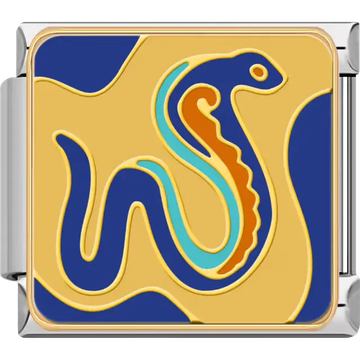 Stylized blue cobra with orange, gold, and turquoise detailing on a gold and blue background symbolizing protection and royalty in ancient Egyptian mythology Italian charm bracelet link