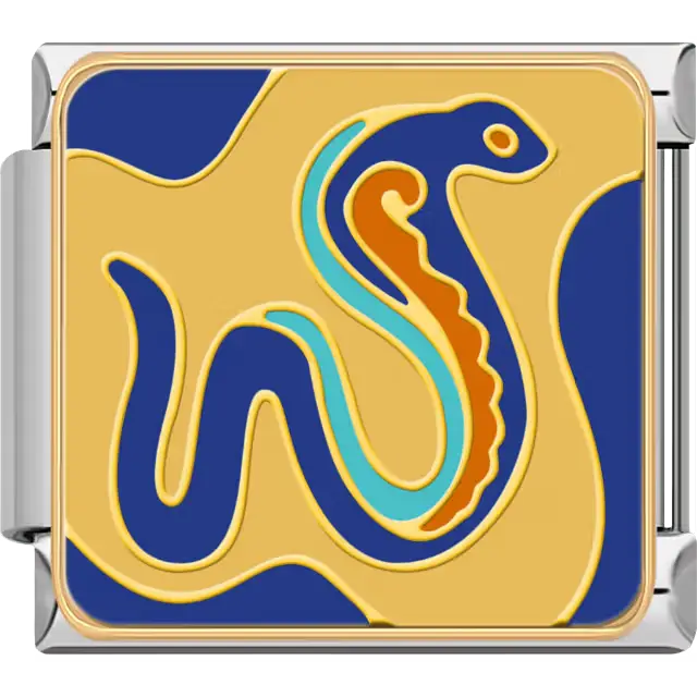 Stylized blue cobra with orange, gold, and turquoise detailing on a gold and blue background symbolizing protection and royalty in ancient Egyptian mythology Italian charm bracelet link