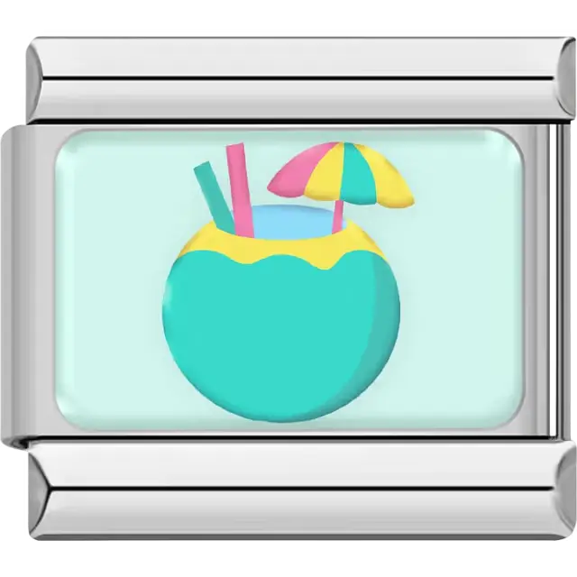 Turquoise coconut drink umbrella straw mint background Italian charm bracelet link