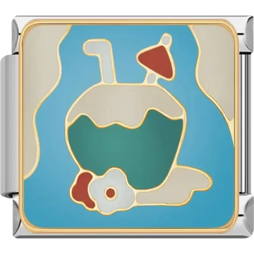 Green coconut with red umbrella white flower and straw on blue background Italian charm bracelet link