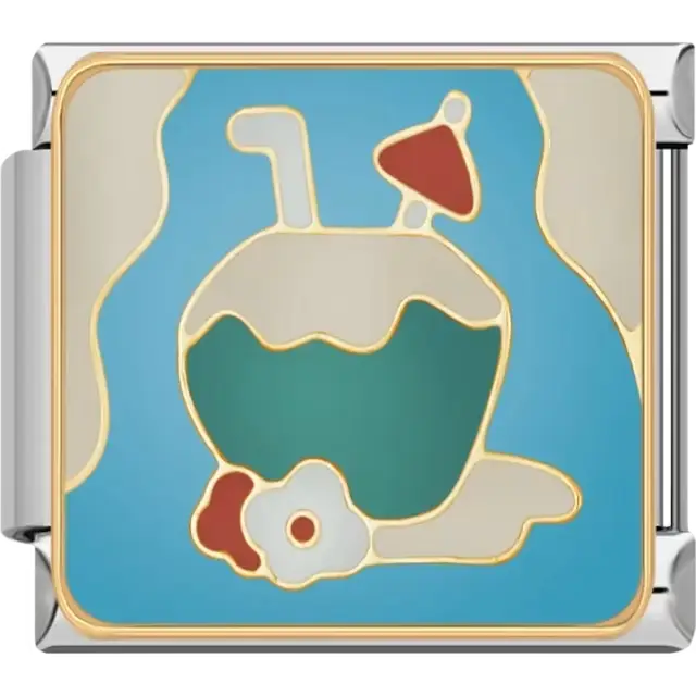 Green coconut with red umbrella white flower and straw on blue background Italian charm bracelet link