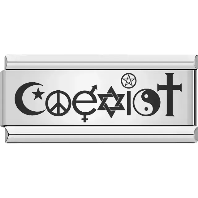 "Coexist" text with religious and peace symbols Italian charm bracelet link
