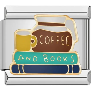 “Coffee and Books” text with a coffee pot and book stack Italian charm bracelet link