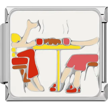 Two women at table drinking hot beverages red yellow Italian charm bracelet link