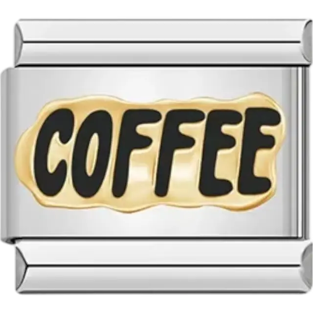 Gold "COFFEE" text in bold black design Italian charm bracelet link