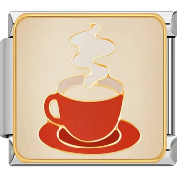 Red coffee cup with steam and gold outlines on a beige background Italian charm bracelet link
