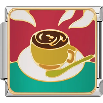 Gold-tone coffee cup with a swirl design on a white saucer and green spoon Italian charm bracelet link