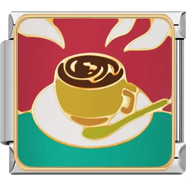 Gold-tone coffee cup with a swirl design on a white saucer and green spoon Italian charm bracelet link