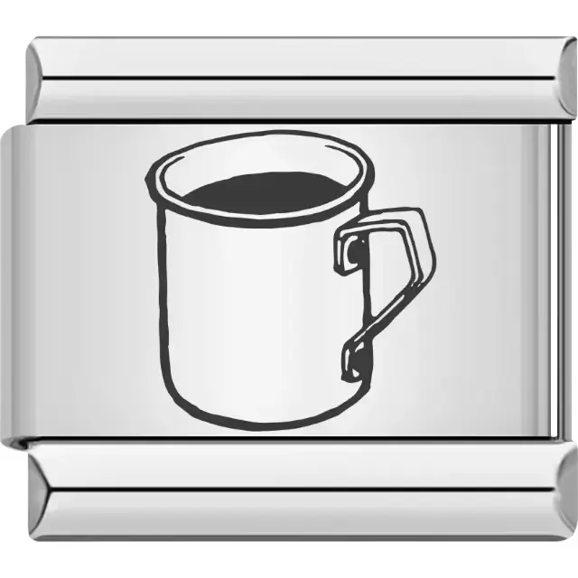 Black outline of a metal coffee mug filled with liquid Italian charm bracelet link