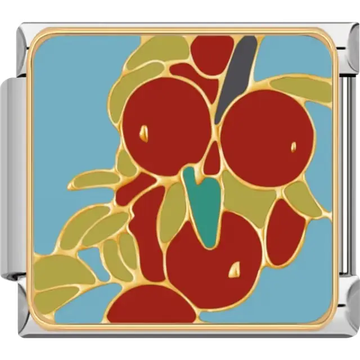 Red coffee cherries with green leaves and gold outlines on blue background Italian charm bracelet link