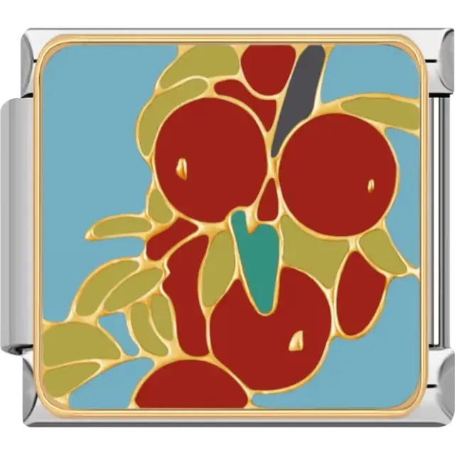 Red coffee cherries with green leaves and gold outlines on blue background Italian charm bracelet link