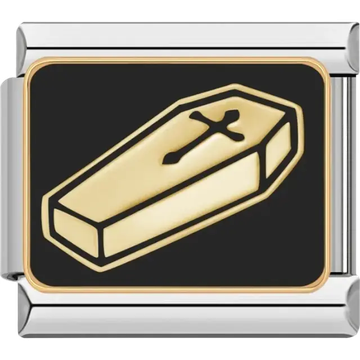 Gold coffin with cross and black background Italian charm bracelet link