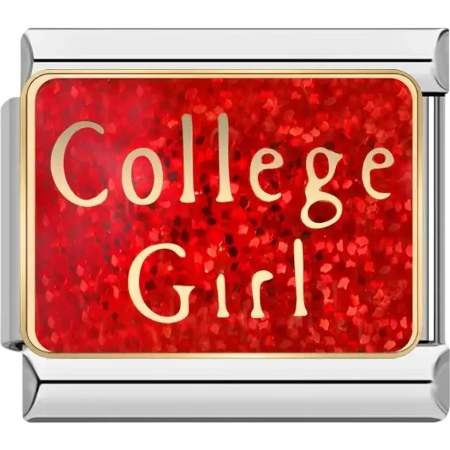 “College Girl” text on a sparkling red Italian charm bracelet link