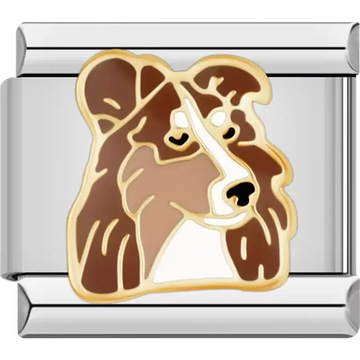 Brown and white Collie dog with gold details Italian charm bracelet link