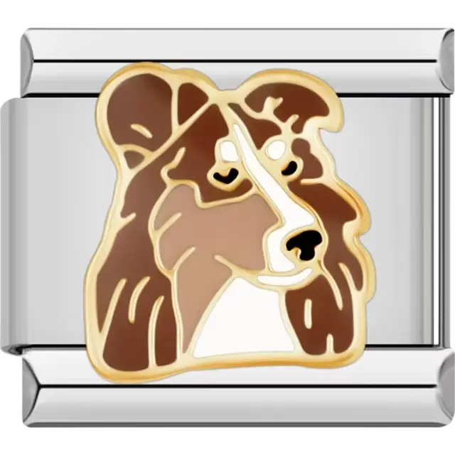 Brown and white Collie dog with gold details Italian charm bracelet link