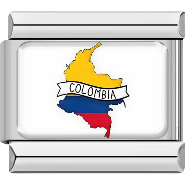 Map of Colombia in yellow, blue, and red flag colors with "COLOMBIA" banner Italian charm bracelet link