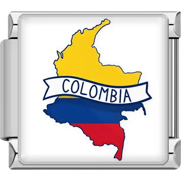 Yellow, blue, and red map of Colombia with white banner Colombia text Colombia map flag Italian charm bracelet link