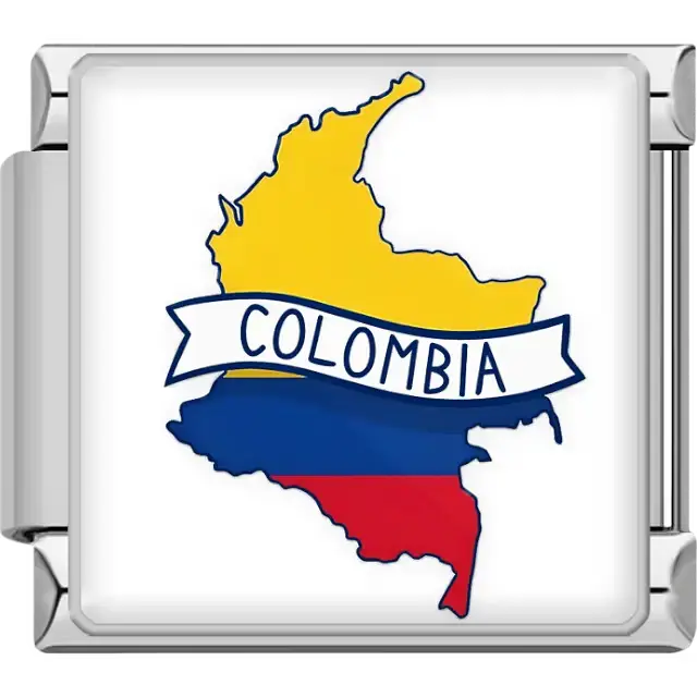 Yellow, blue, and red map of Colombia with white banner Colombia text Colombia map flag Italian charm bracelet link