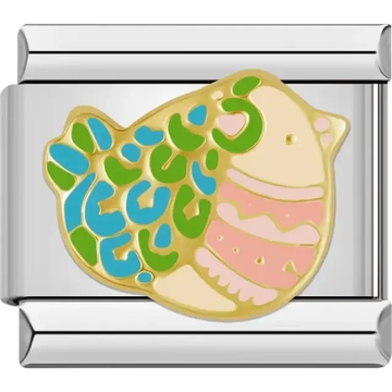 Multicolored bird design with blue, green, and pink accents Italian charm bracelet link