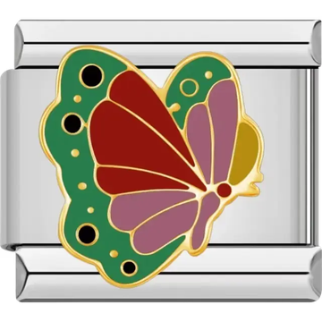 Butterfly design with red purple and green wings and black accents Italian charm bracelet link
