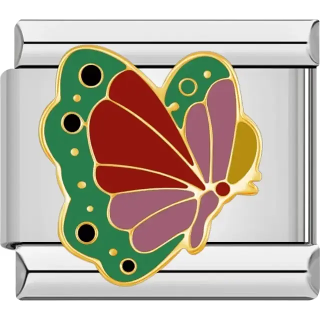 Butterfly design with red purple and green wings and black accents Italian charm bracelet link