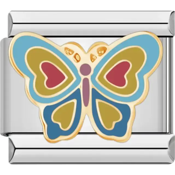Colorful butterfly with blue, gold, and red wings featuring heart-shaped patterns Italian charm bracelet link