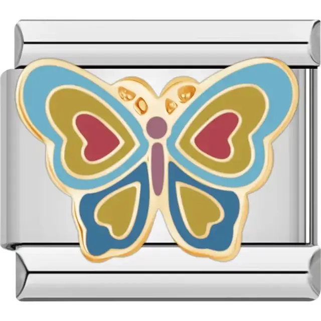 Colorful butterfly with blue, gold, and red wings featuring heart-shaped patterns Italian charm bracelet link