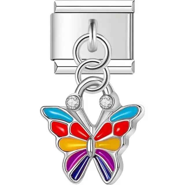 Multicolor butterfly dangle with gemstone accents Italian charm bracelet link