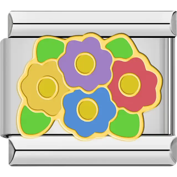 Yellow purple red and blue flowers with yellow centers green leaves Italian charm bracelet link