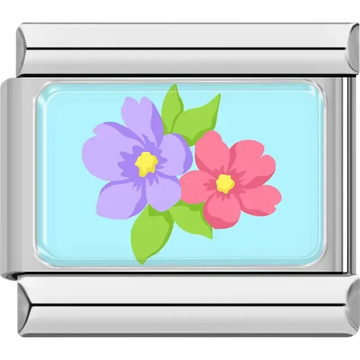 Purple and pink flowers with green leaves on a light blue background Italian charm bracelet link
