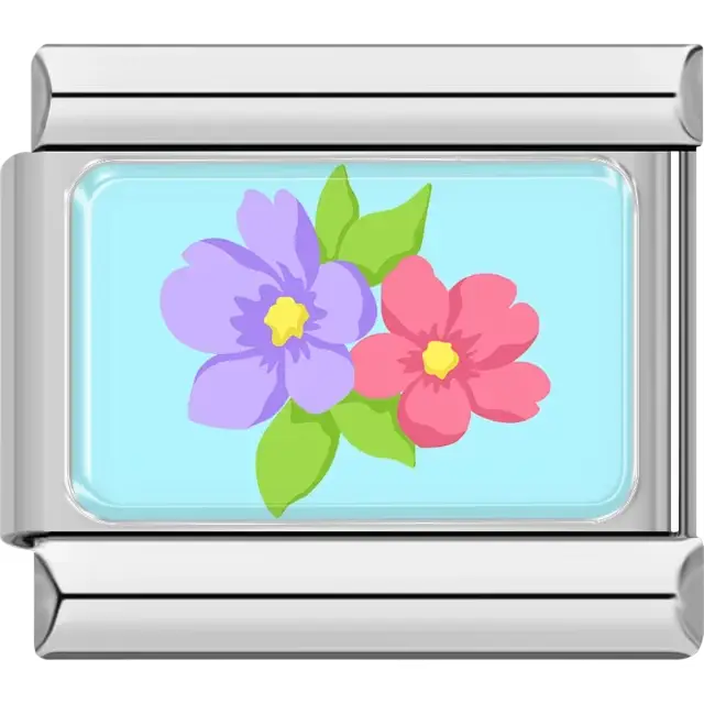 Purple and pink flowers with green leaves on a light blue background Italian charm bracelet link