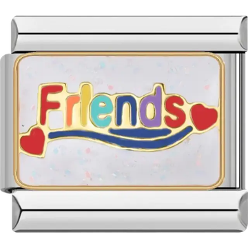 “Friends” text in colorful letters with red hearts Italian charm bracelet link
