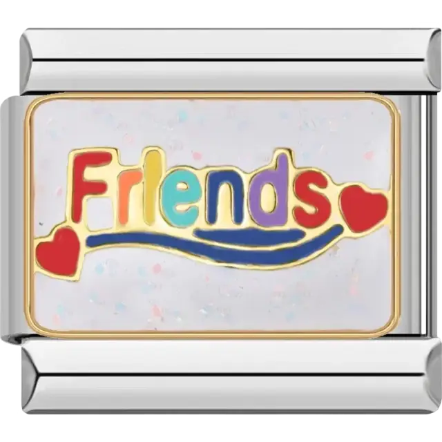 “Friends” text in colorful letters with red hearts Italian charm bracelet link
