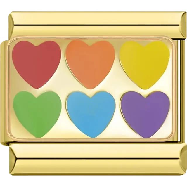 Gold charm with six rainbow hearts in red, orange, yellow, green, blue, and purple Italian charm bracelet link