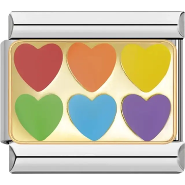 Gold charm with six rainbow hearts in red, orange, yellow, green, blue, and purple Italian charm bracelet link