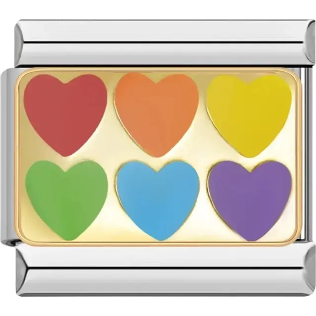 Gold charm with six rainbow hearts in red, orange, yellow, green, blue, and purple Italian charm bracelet link