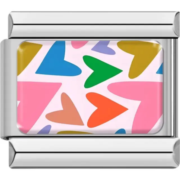 Multicolored hearts in various sizes on white background Italian charm bracelet link