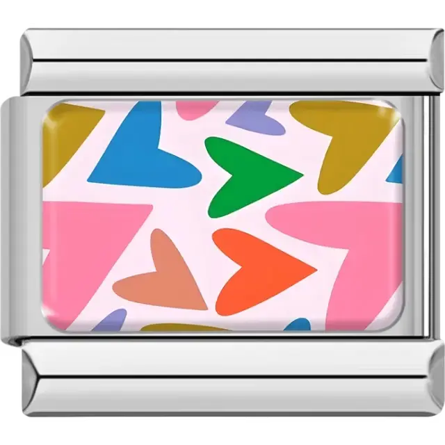 Multicolored hearts in various sizes on white background Italian charm bracelet link