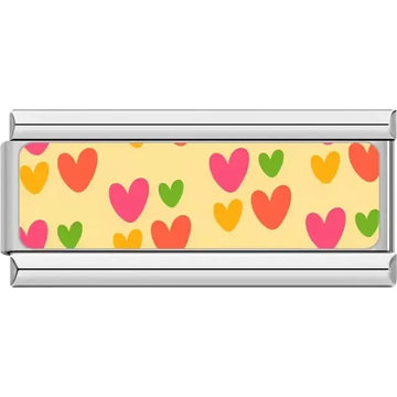 Pink orange yellow and green hearts on yellow background Italian charm bracelet link