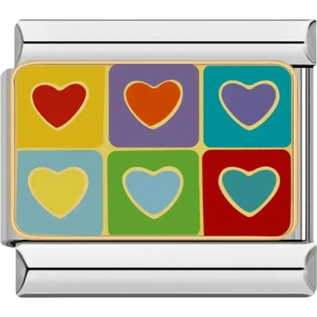 Grid of six colorful hearts Italian charm bracelet link